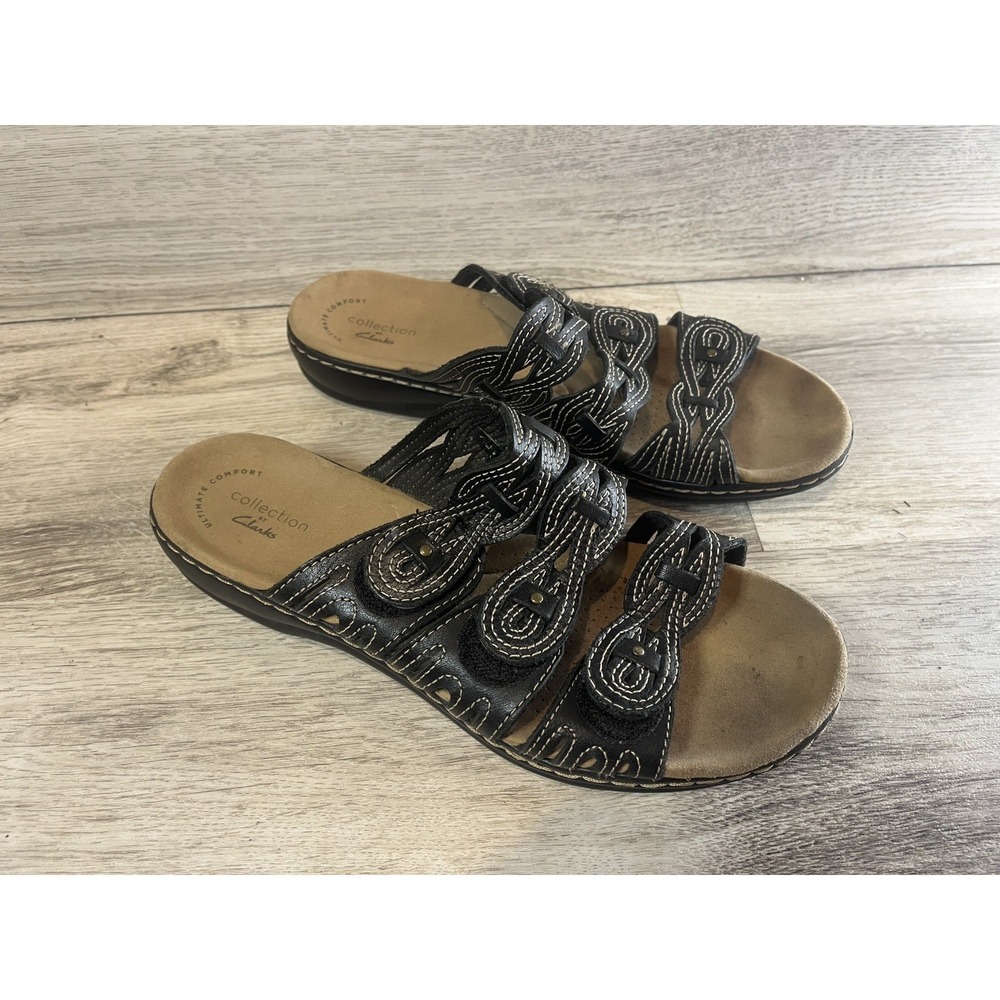 Clarks Leisa Faye Slide Sandal Women's Size 8.5 M Leather Strap‎ Open Toe Black